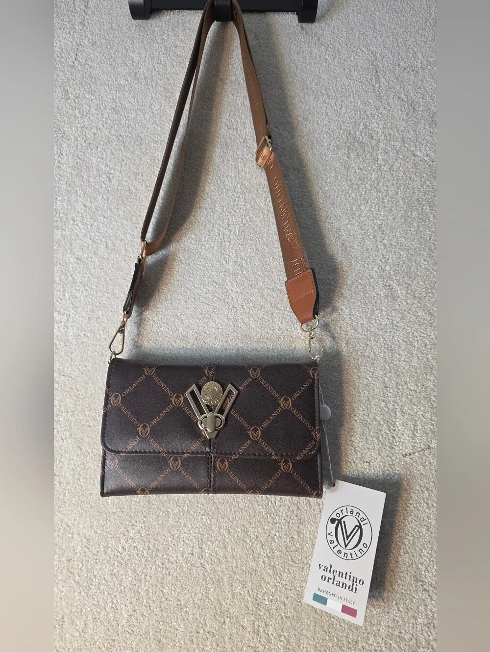 Valentino Orlandi Vegan Leather Logo Crossbody Bag Wallet Gold Accents OS NWT